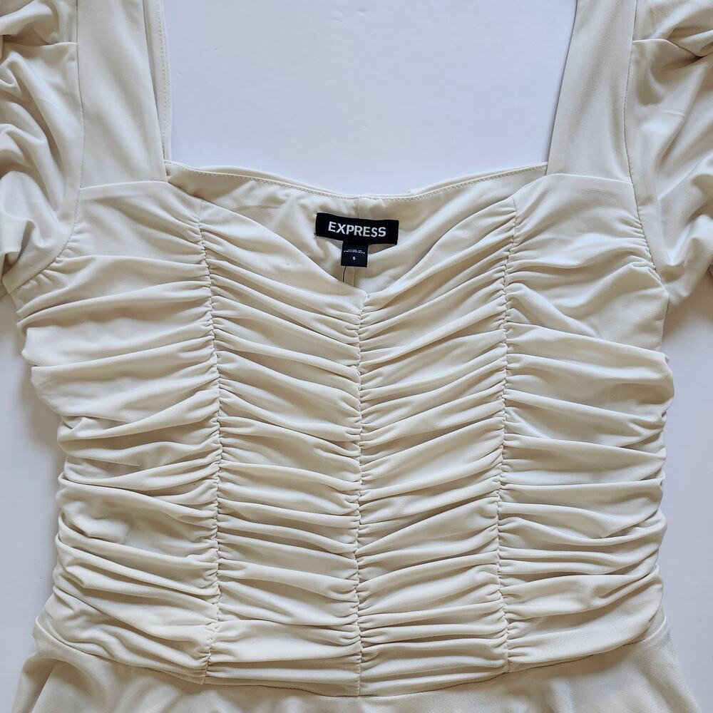 Express Ivory Ruched Puff-Sleeve Top with Peplum Size Small - Picture 4 of 10